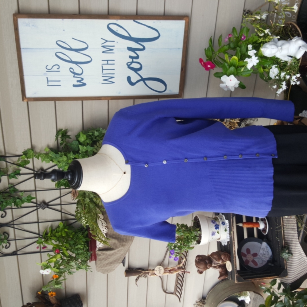 PETITE SOPHISTICATE ♡ Gorgeous 2pc Vintage Royal Blue Knit STRETCH Sweater Set S